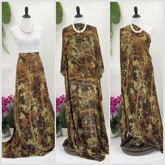 Brown green Tropical foliage MAXI SARONG Kīkepa Pareo Beach Wrap Skirt - Picture 1 of 5